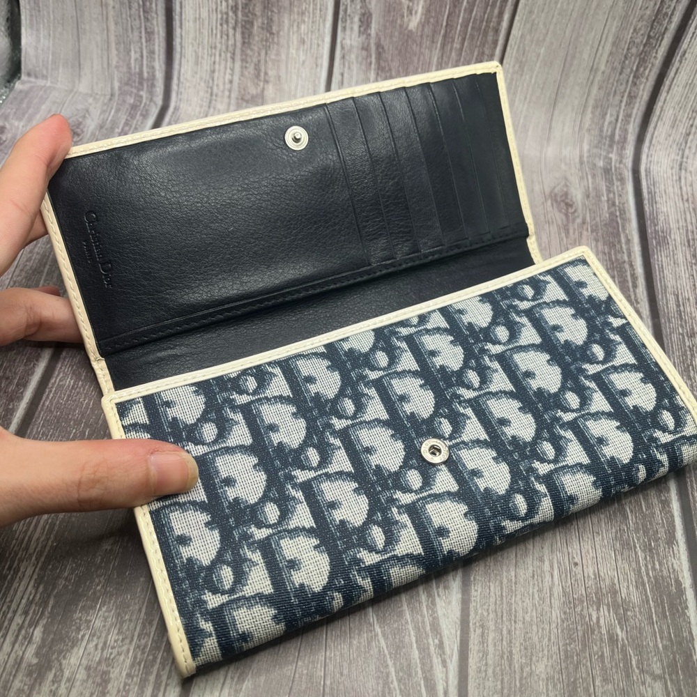 DIOR VTG Y2K Trotter Long Bifold Wallet Navy Blue & White #1 Vintage - Picture 5 of 15